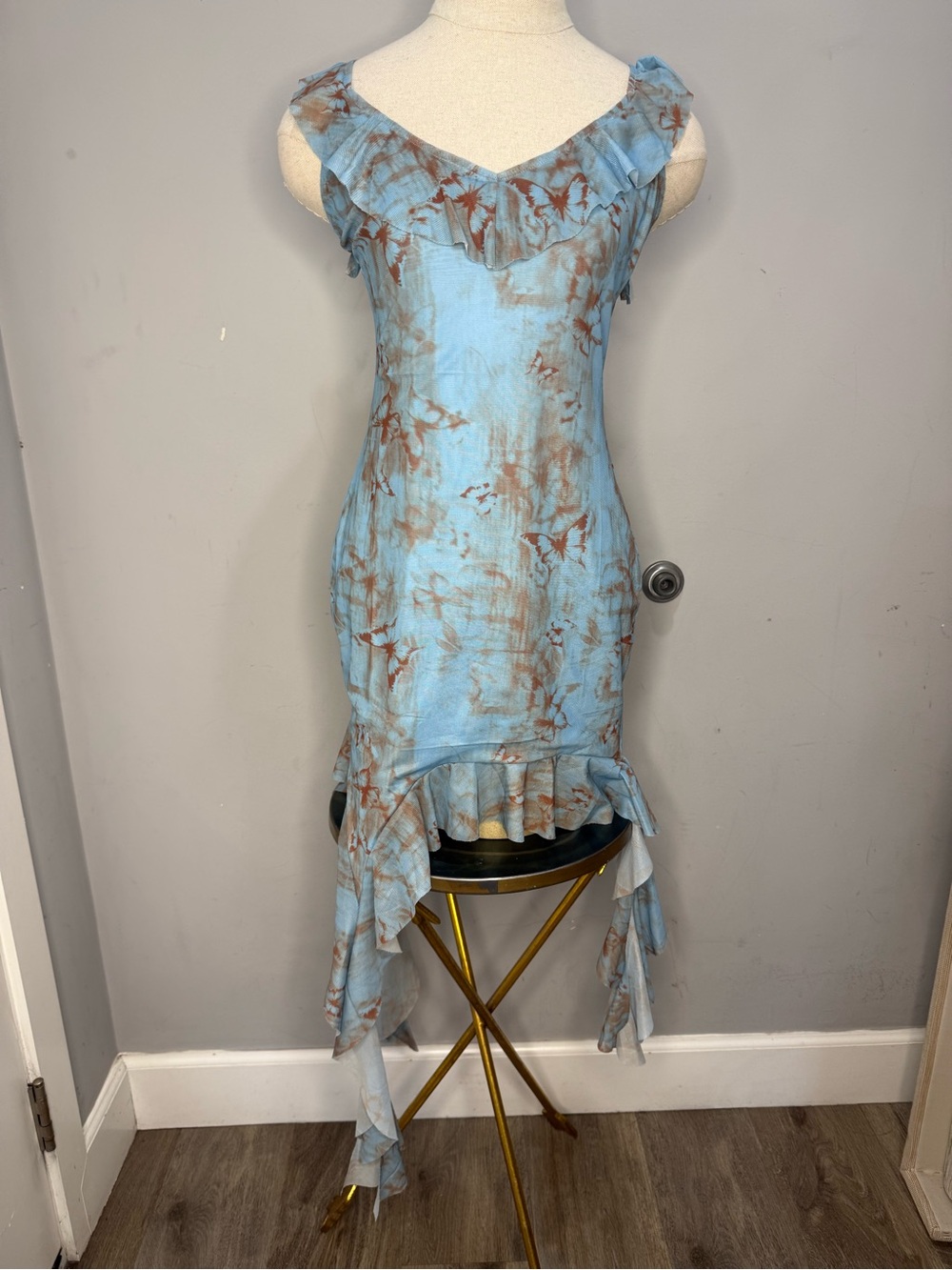 Sky Blue Tie-Dye High-Low Ruffle Dress - Picture 3 of 7